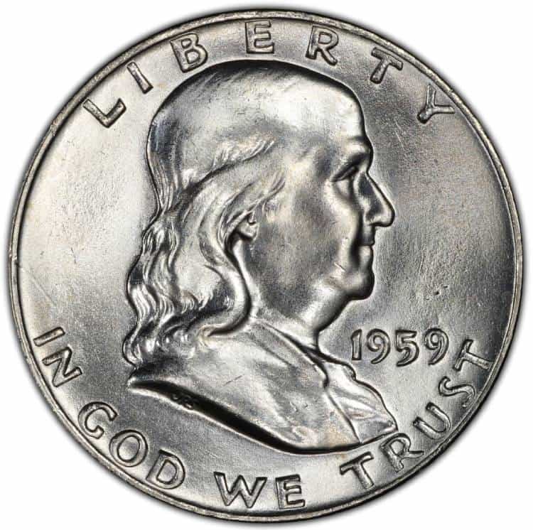 The obverse of the 1959 Franklin half-dollar