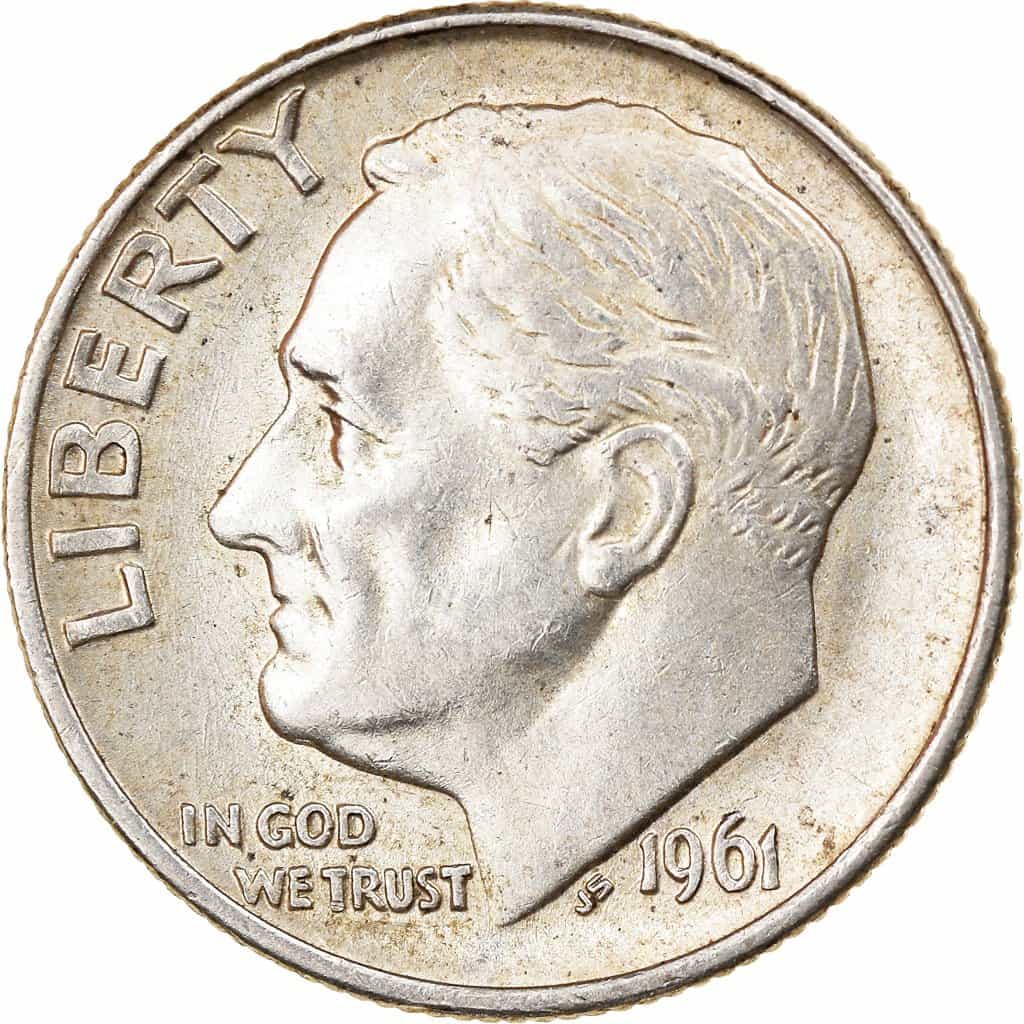 The obverse of the 1961 Roosevelt dime