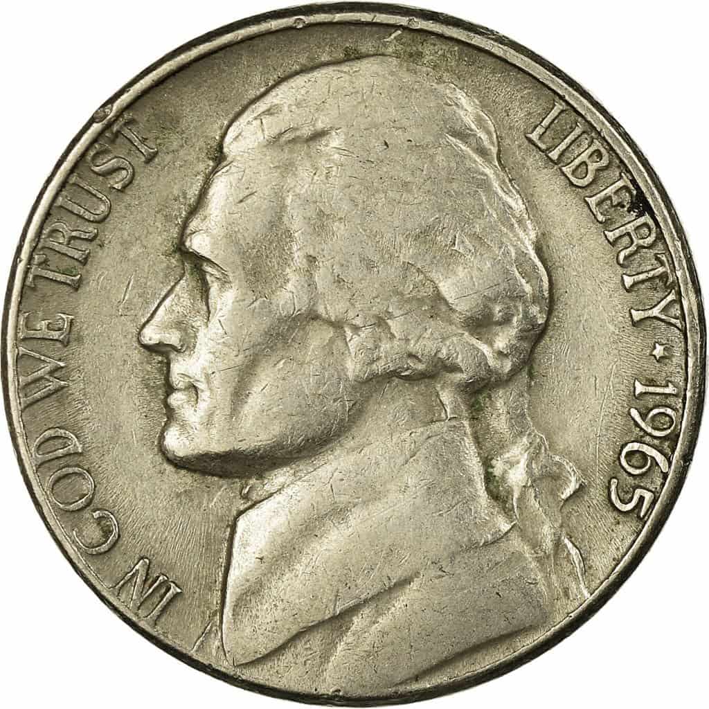 The obverse of the 1965 Jefferson nickel