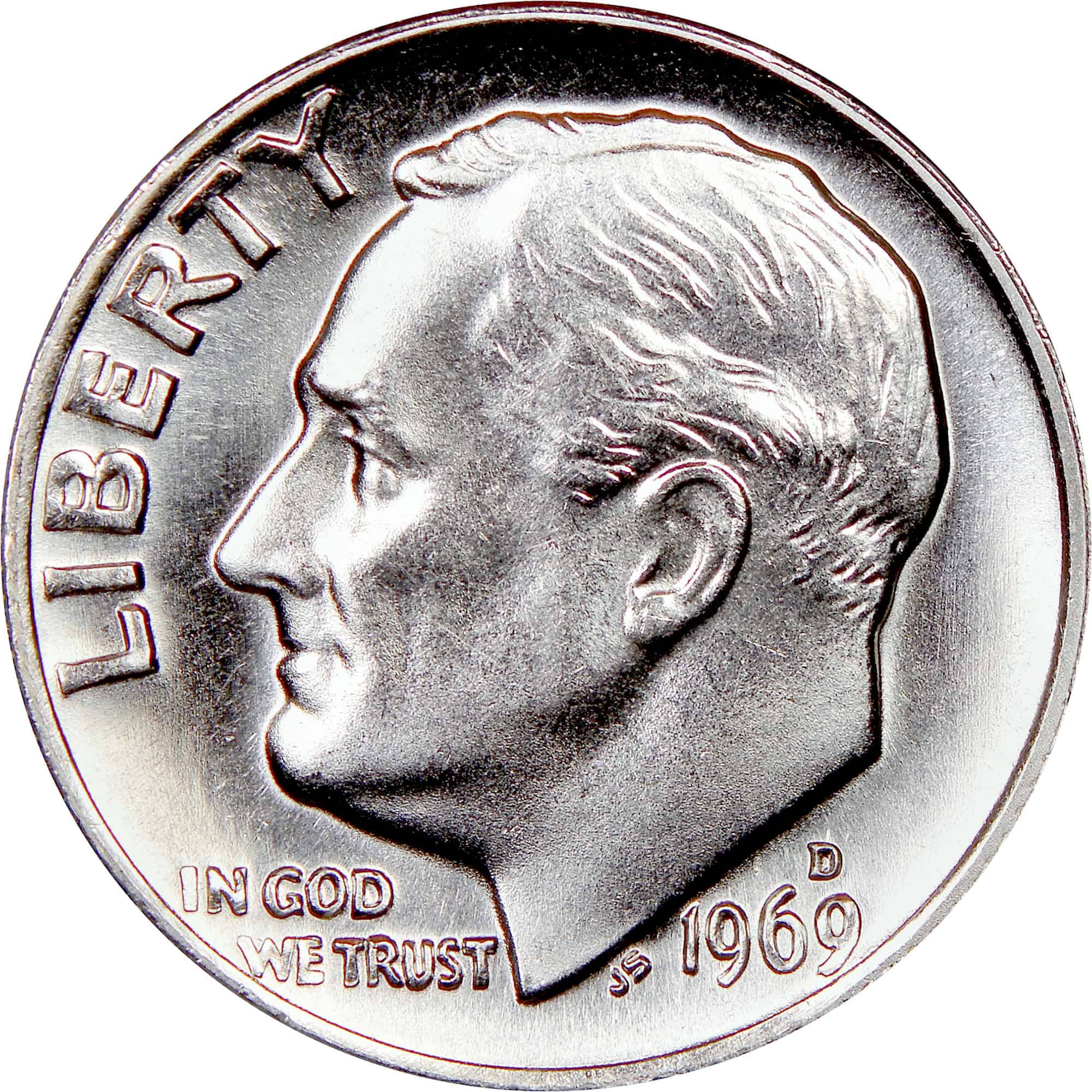 The obverse of the 1969 Roosevelt dime