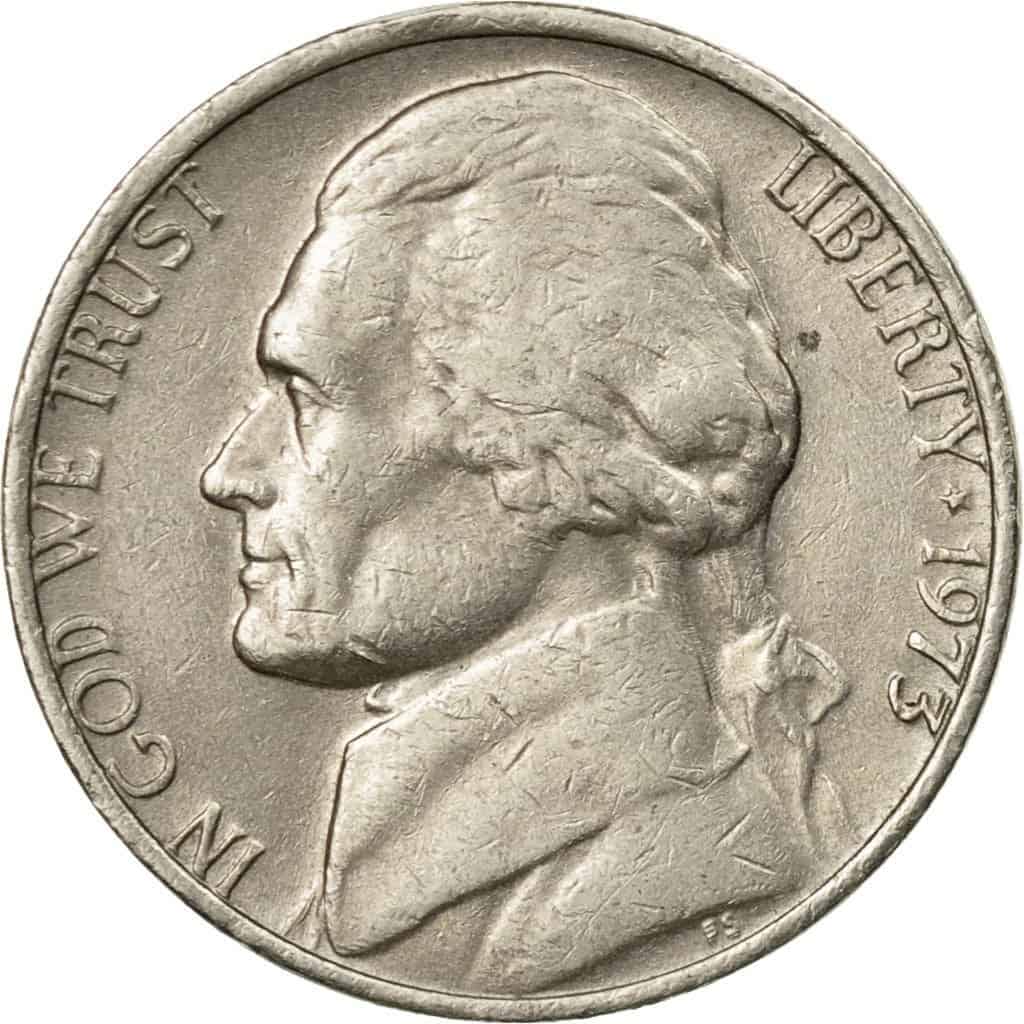 The obverse of the 1973 Jefferson nickel