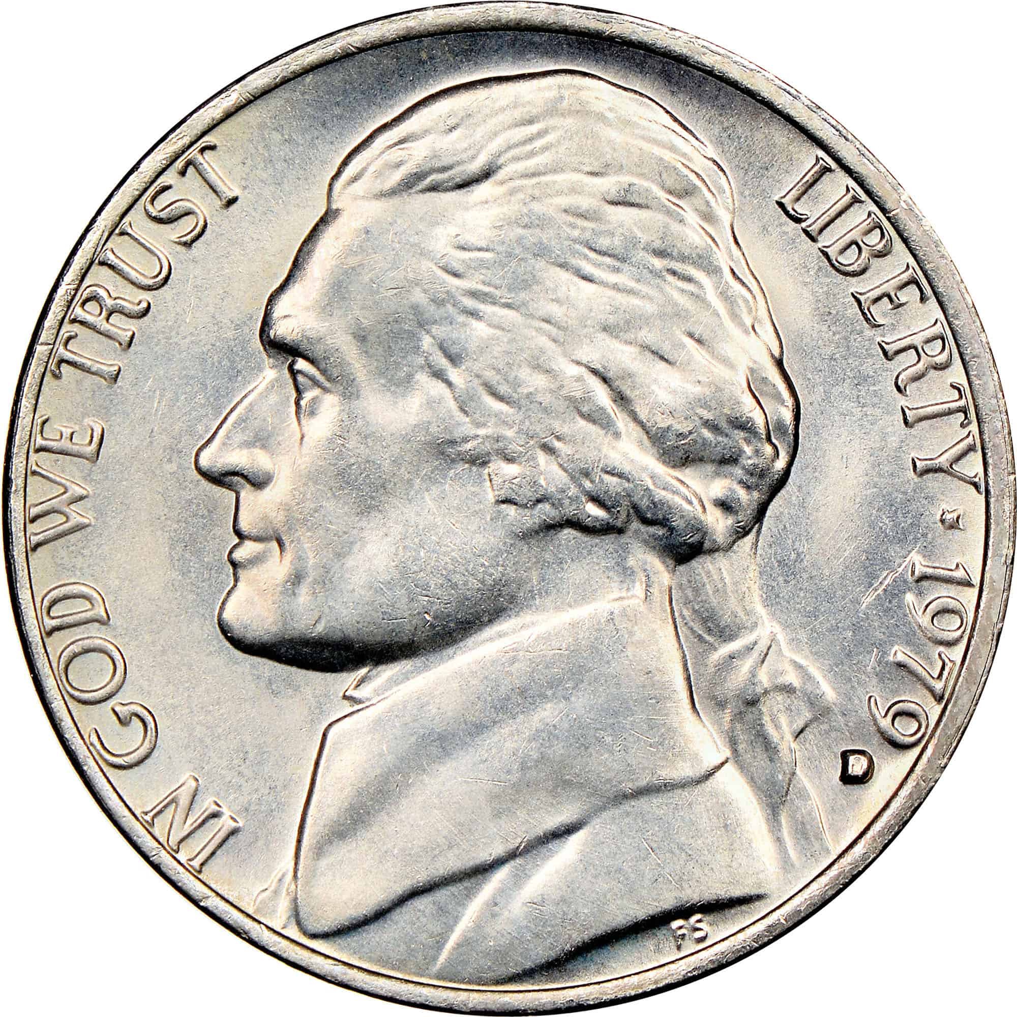 The obverse of the 1979 Jefferson nickel