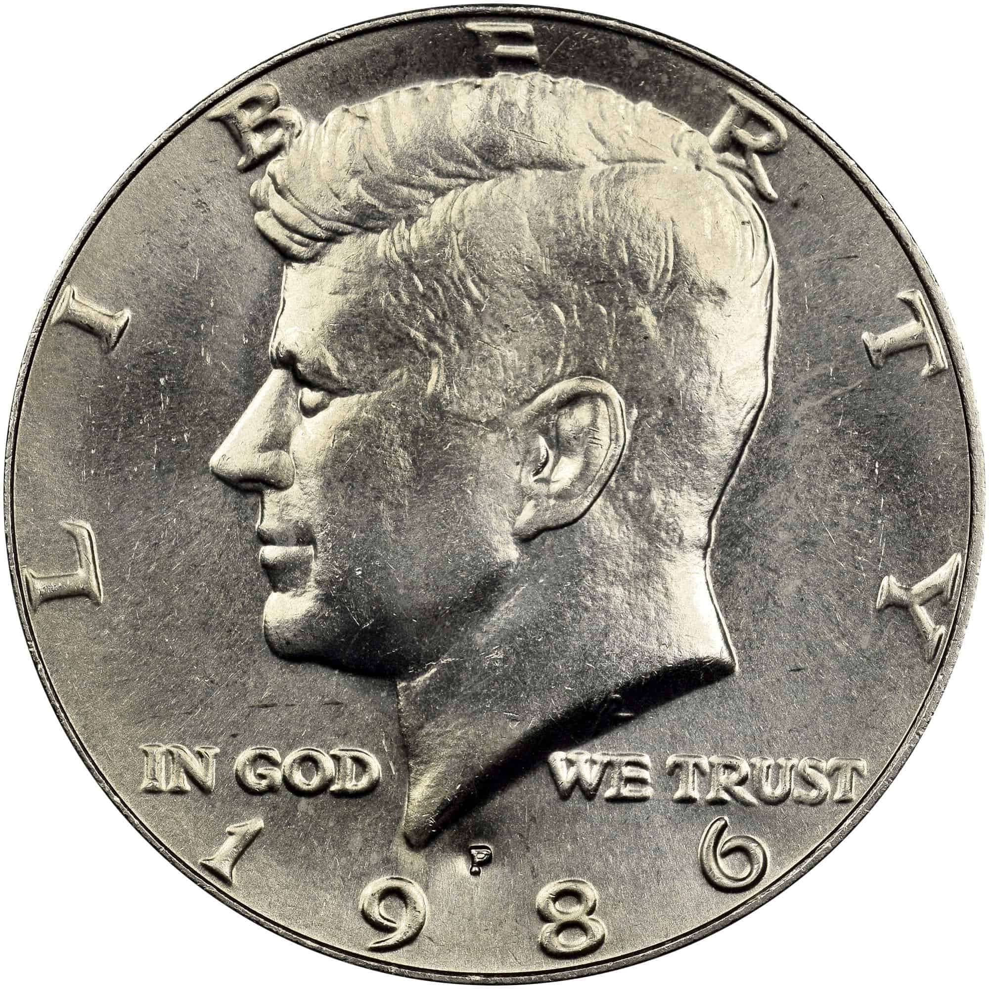The obverse of the 1986 Kennedy half-dollar