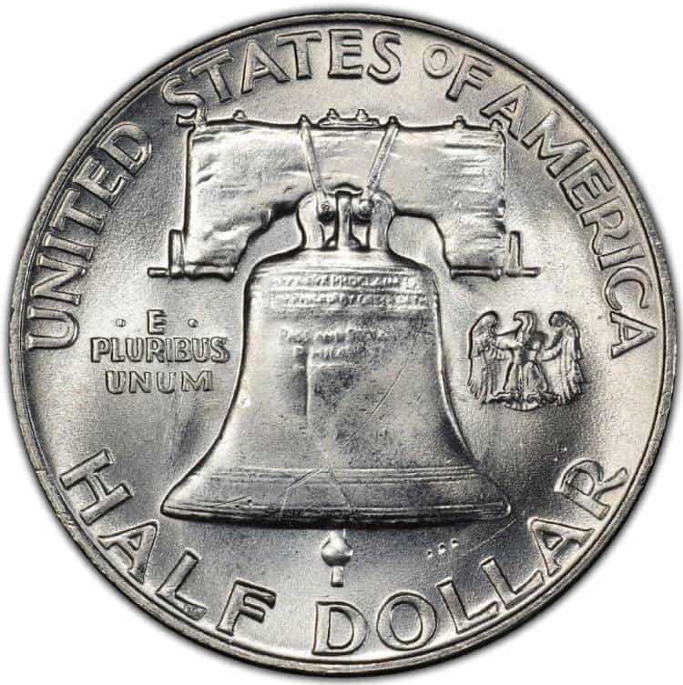The reverse of the 1959 Franklin half-dollar