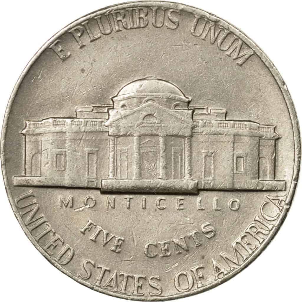 The reverse of the 1973 Jefferson nickel
