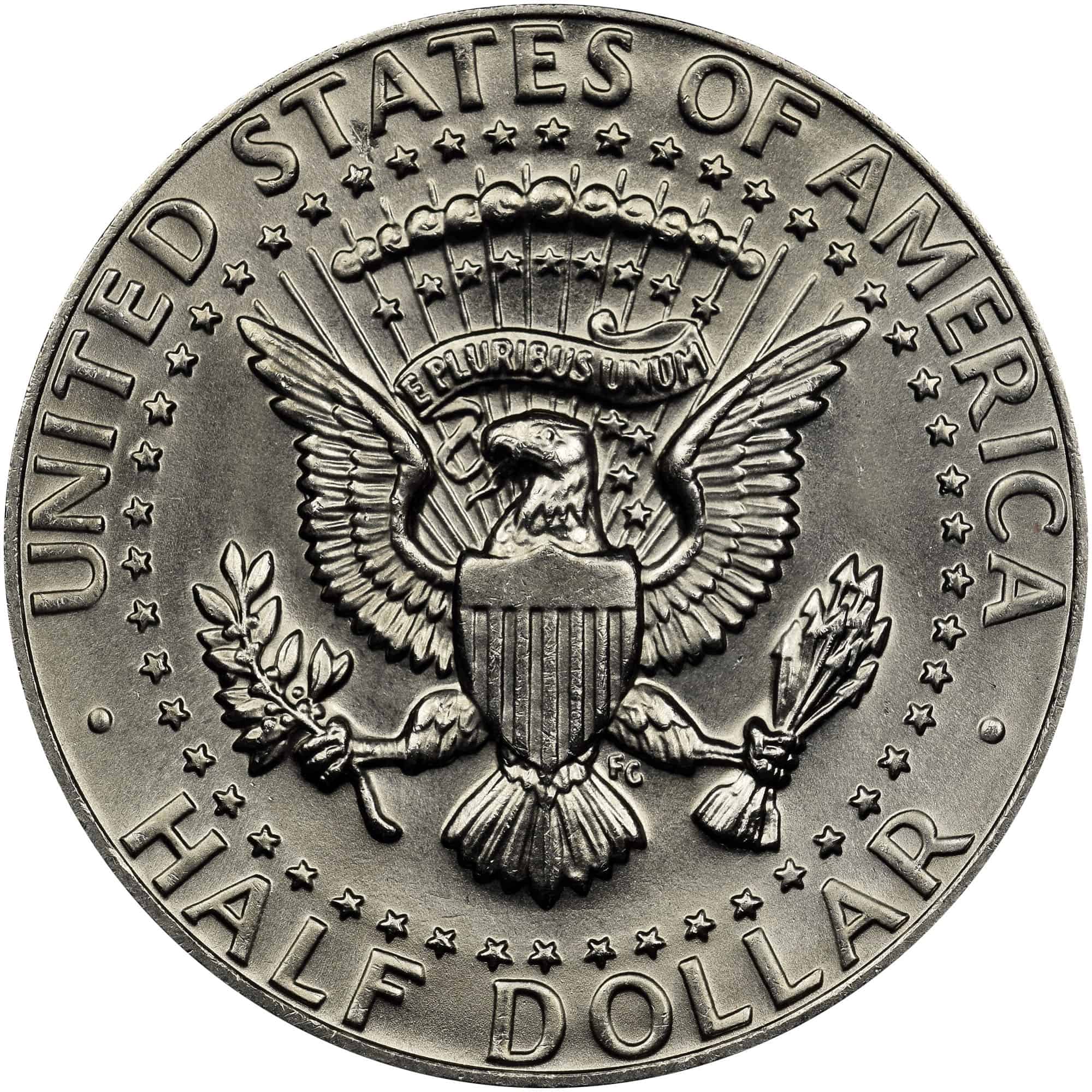 The reverse of the 1986 Kennedy half-dollar