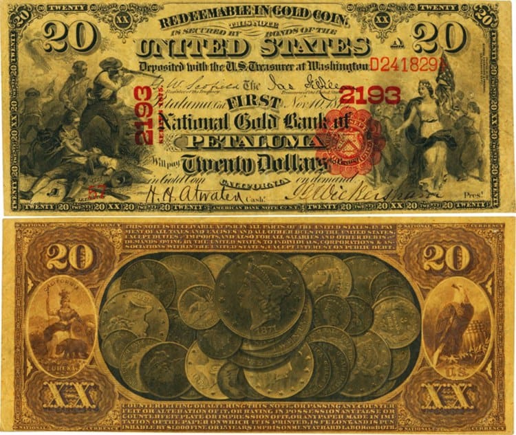 1875 $20 Bank Of Petaluma Issue