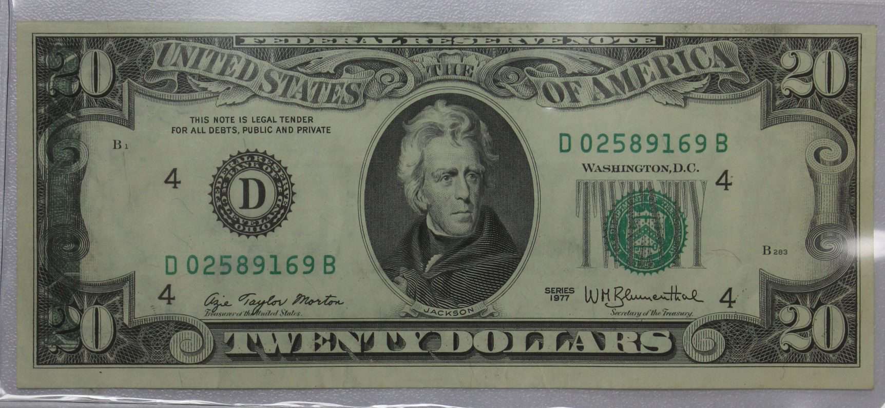 The Obverse of the 1977 20 Dollar Bill
